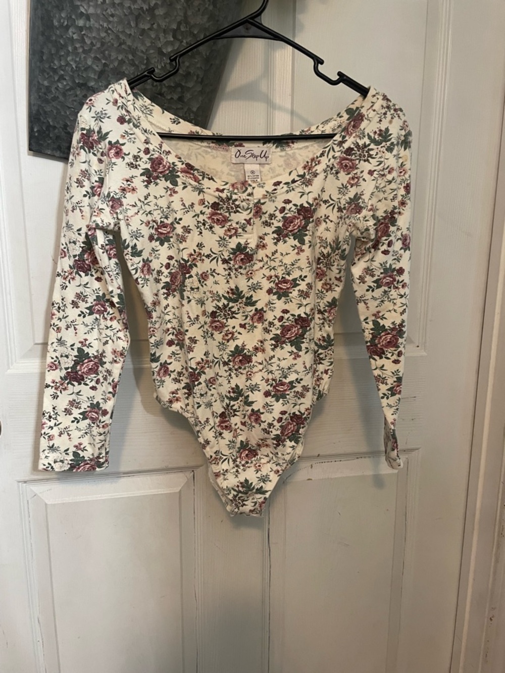 One Step Ahead Cream Floral Henley Top with Rose Print